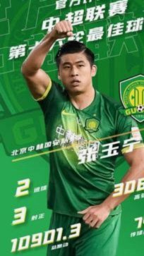 梅开二度！官方：张玉宁当选中超联赛第20轮最佳球员